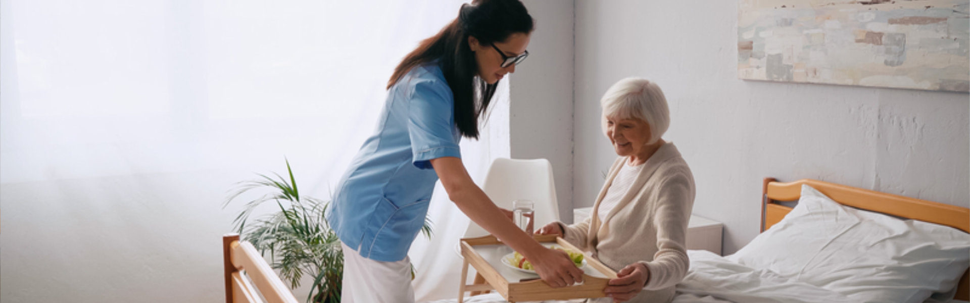 caregiver give food to the senior woman