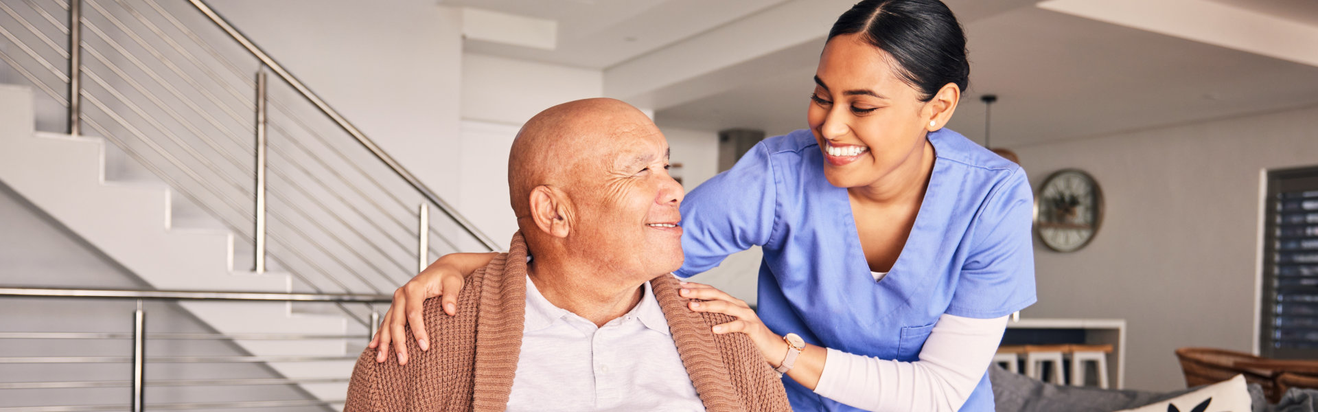 Nurse, smile and man with wheelchair for medical trust,